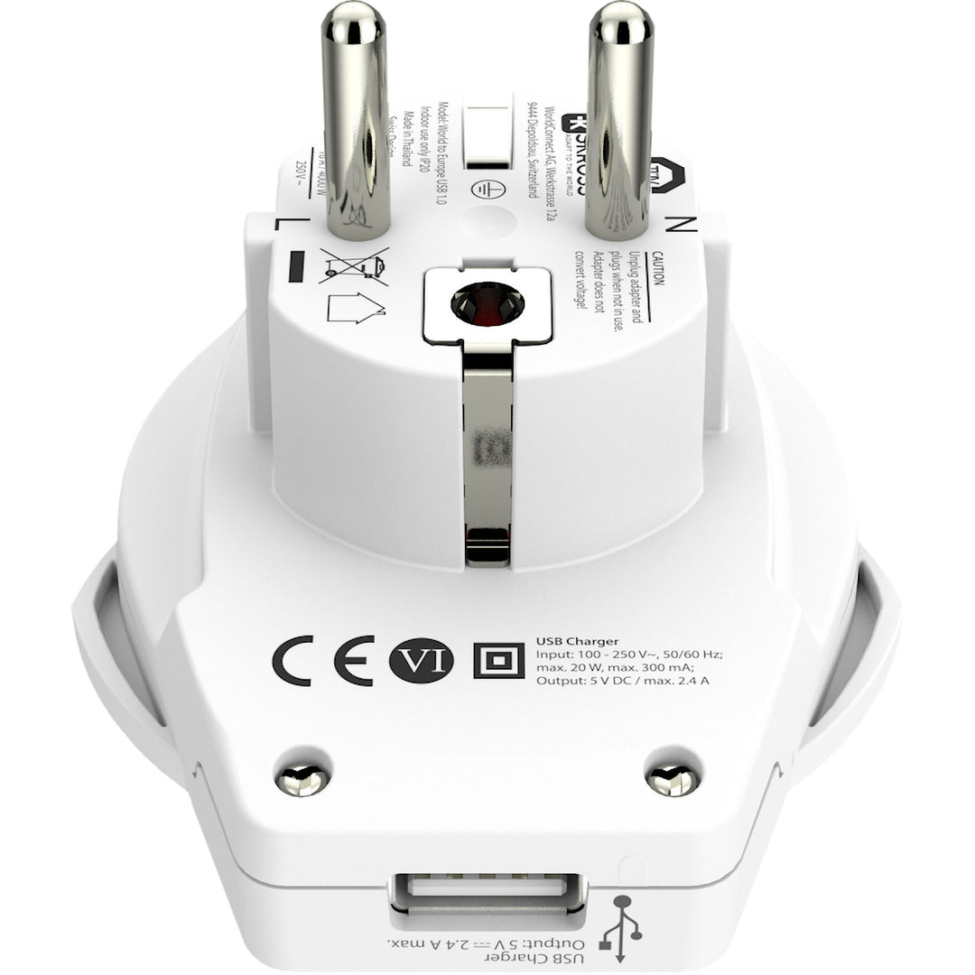 Reseadapter Världen till Europa USB-A 12W Jordad