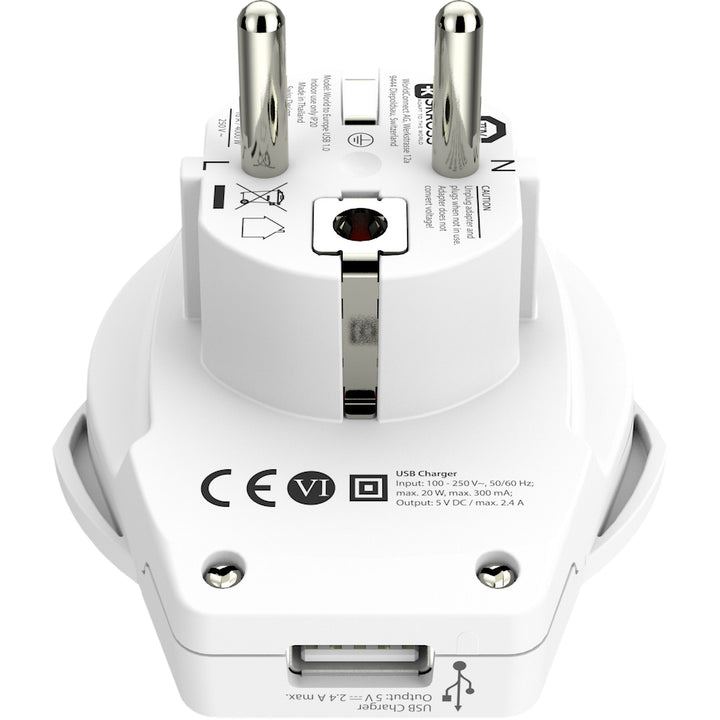 Reseadapter Världen till Europa USB-A 12W Jordad