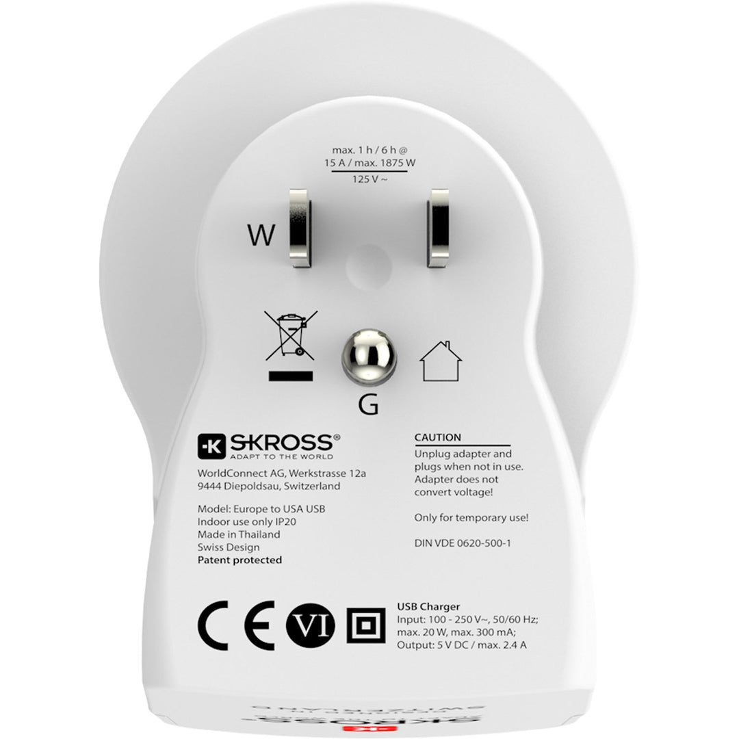 Reseadapter Europa till USA m.fl.2xUSB-A 12W Jordad