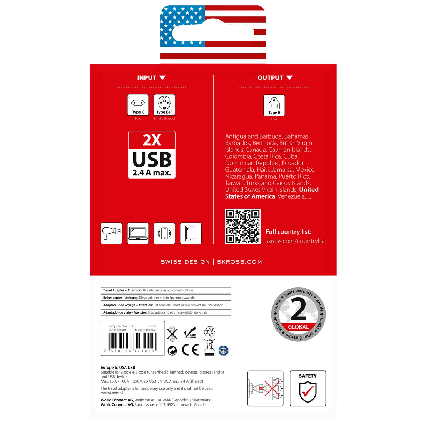 Reseadapter Europa till USA m.fl.2xUSB-A 12W Jordad