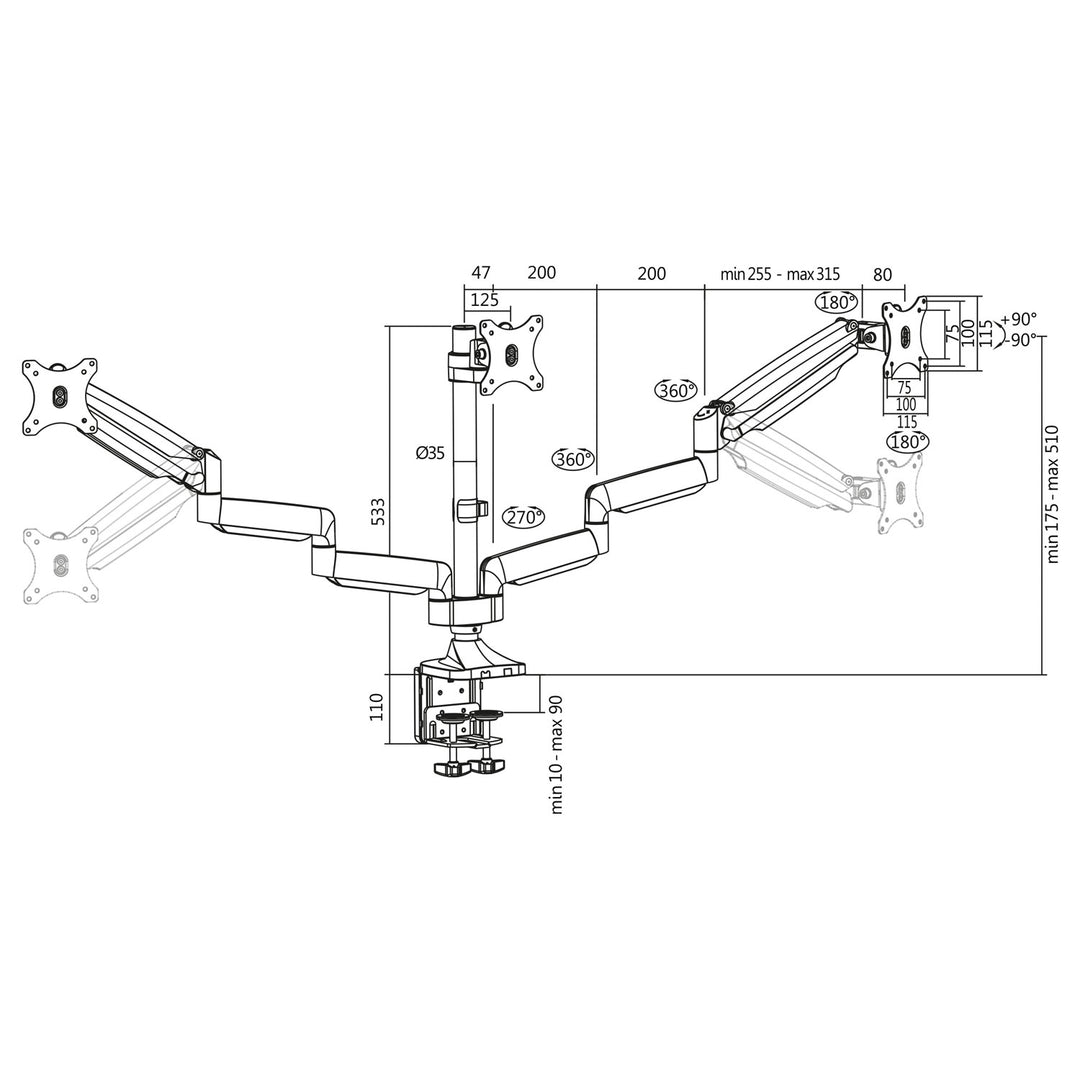 Monitorarm trippel 13-32" gas