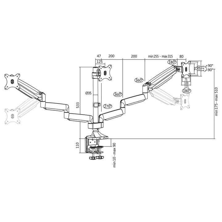 Monitorarm trippel 13-32" gas