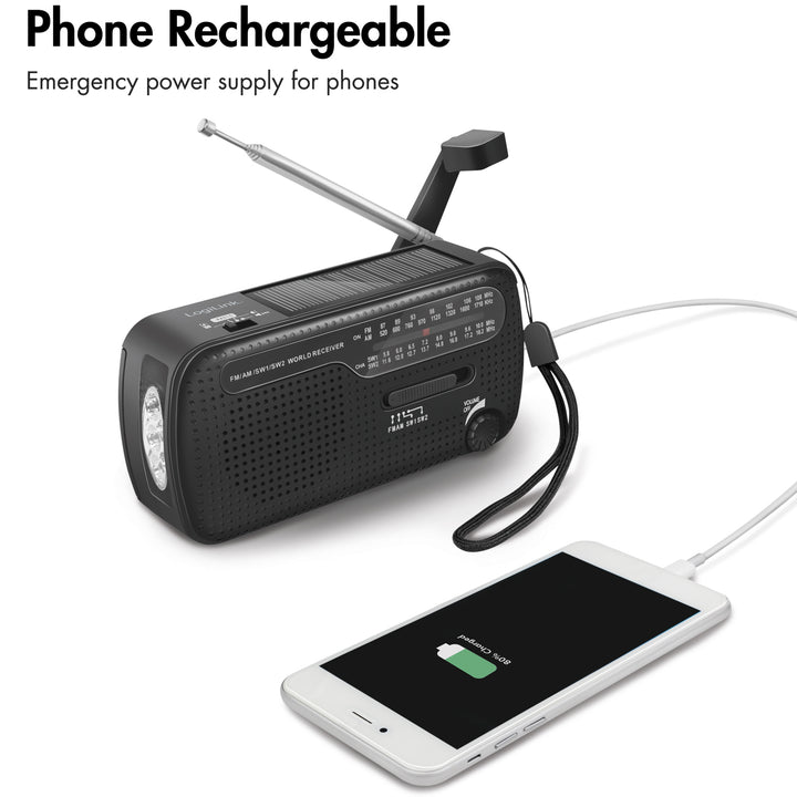 Vevradio med ficklampa och solcell Svart