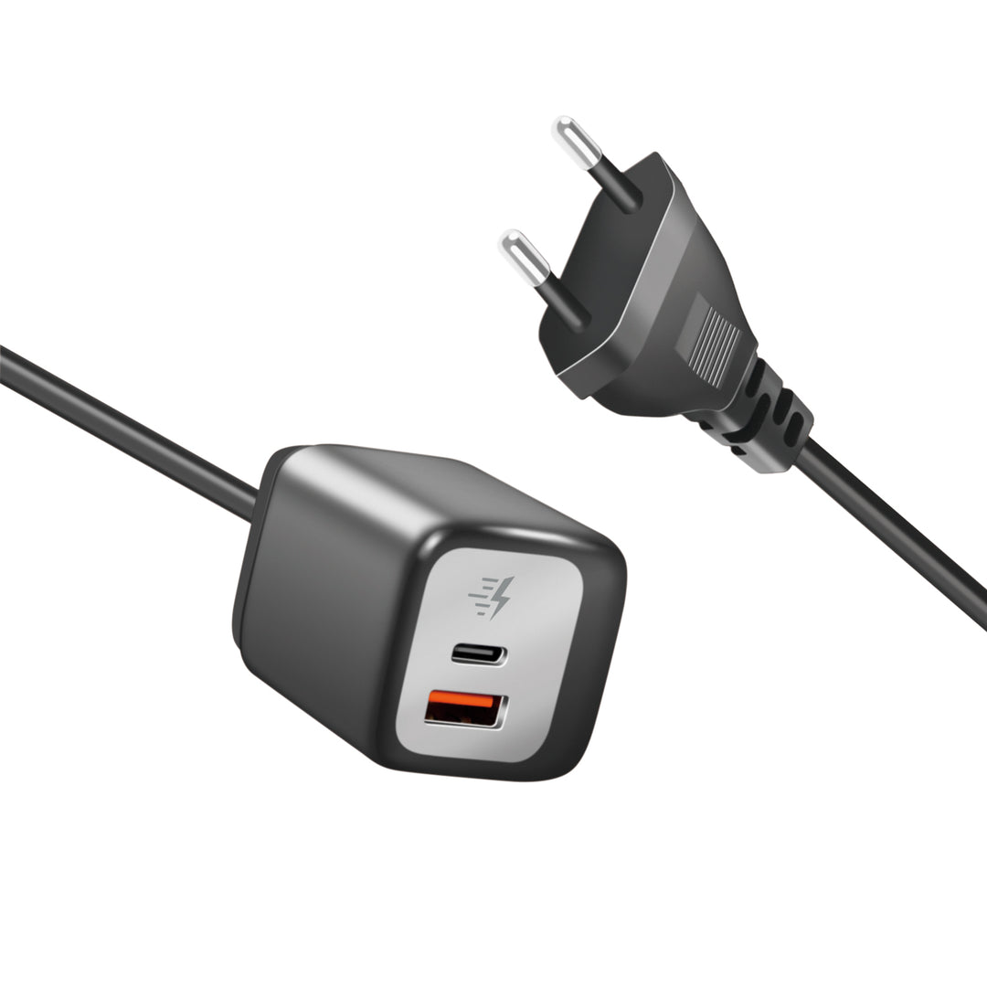 USB-laddare 1xUSB-A + 1xUSB-C med fast kabel 1,5m GaN 30W