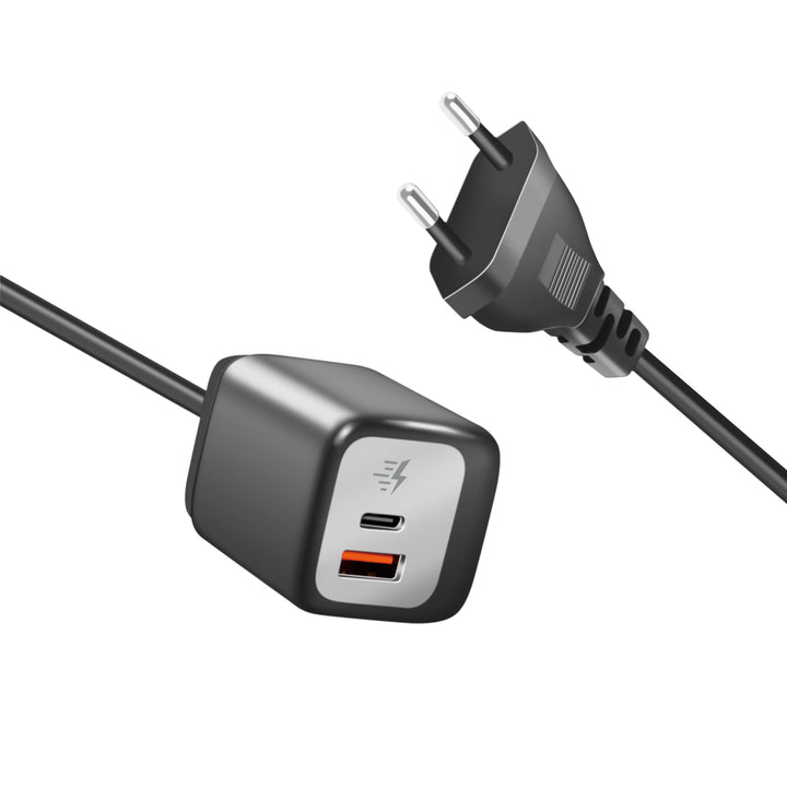 USB-laddare 1xUSB-A + 1xUSB-C med fast kabel 1,5m GaN 30W