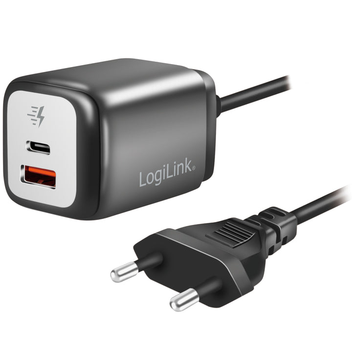 USB-laddare 1xUSB-A + 1xUSB-C med fast kabel 1,5m GaN 30W