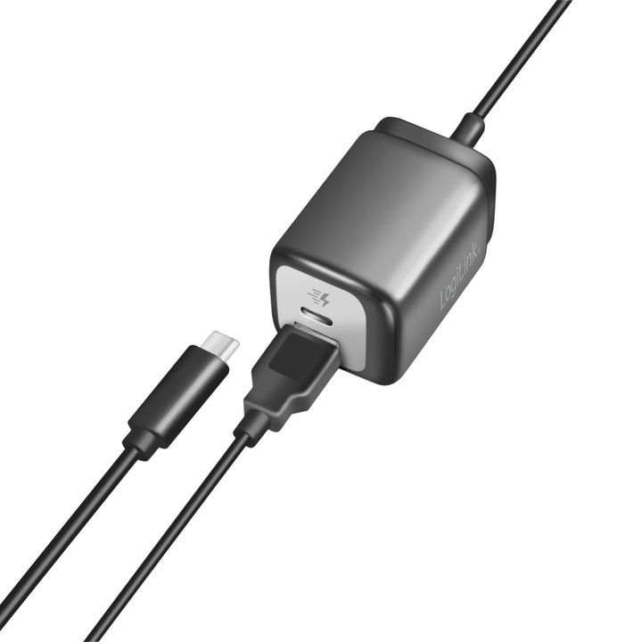 USB-laddare 1xUSB-A + 1xUSB-C med fast kabel 1,5m GaN 30W