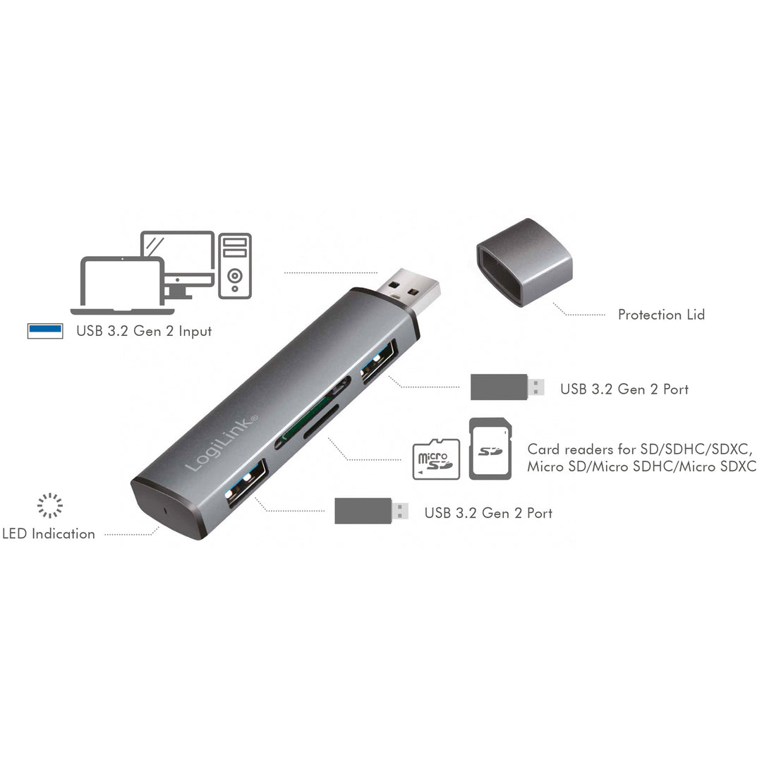 USB-hub (USB 3.2 Gen2) Minneskortsläsare/USB-A