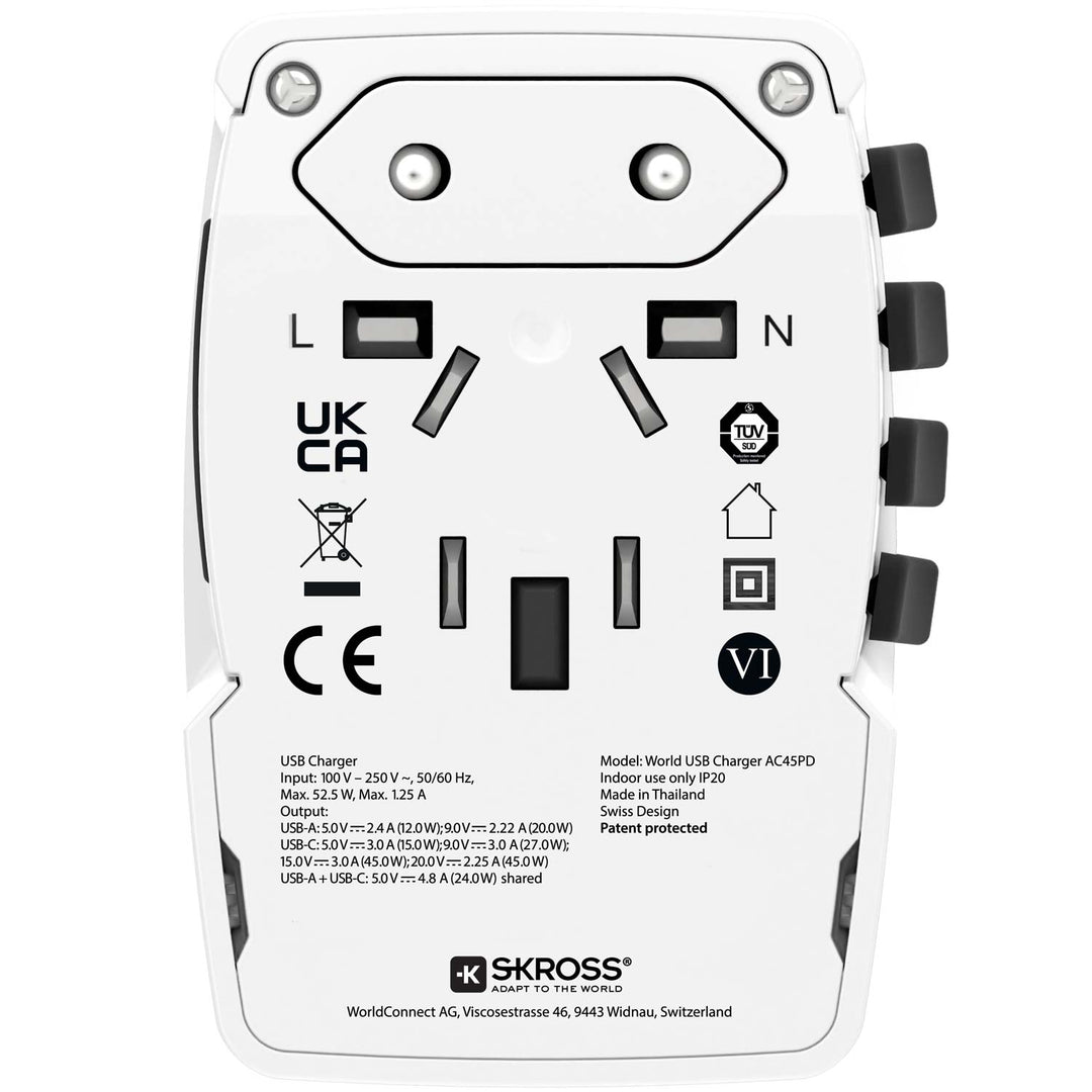 Världsreseadapter PRO Light USB AC45PD World PD 45W Jordad