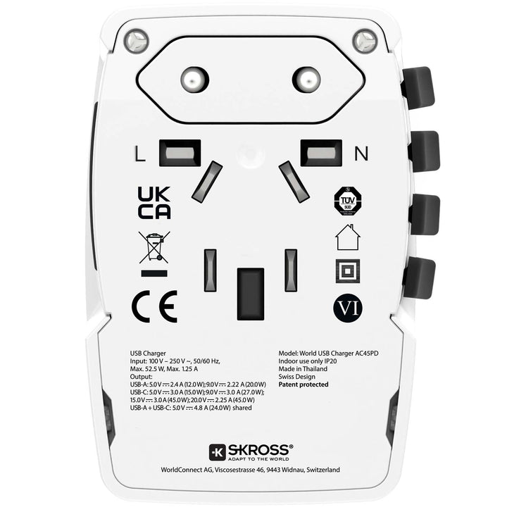 Världsreseadapter PRO Light USB AC45PD World PD 45W Jordad
