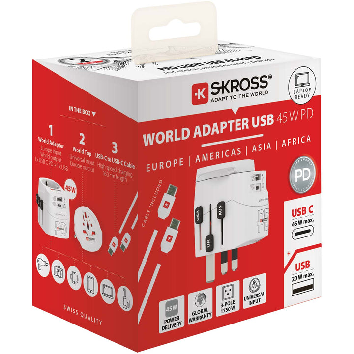 Världsreseadapter PRO Light USB AC45PD World PD 45W Jordad