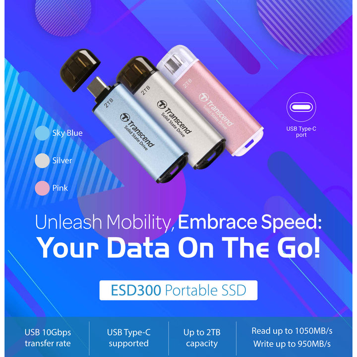 Portabel Mini SSD ESD300C USB-C 2TB 10Gbps (R1050/W950 Mb/s) Silver
