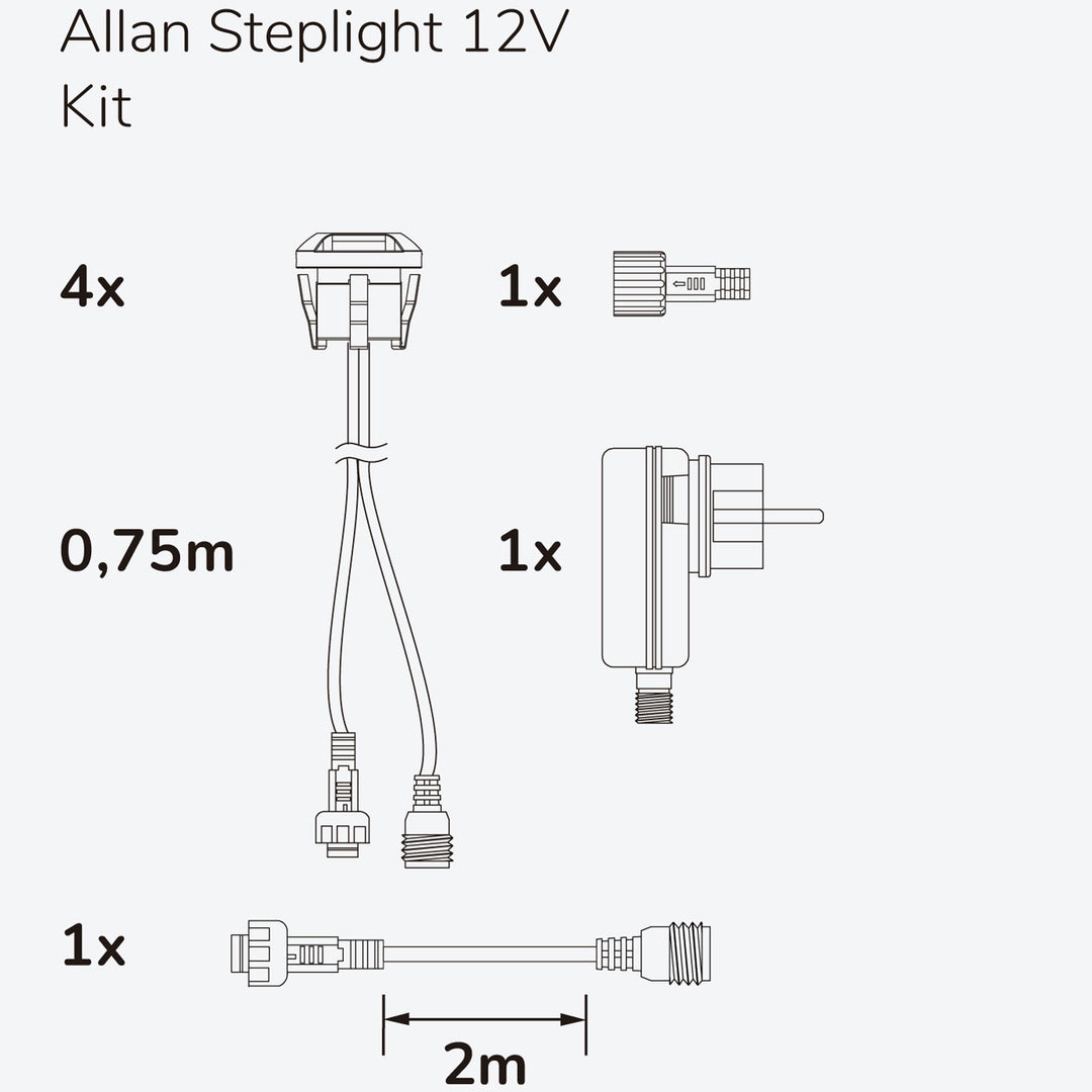 Allan Steplight kit 4-pack inkl strömadapter 12V 3000K 5lm IP67