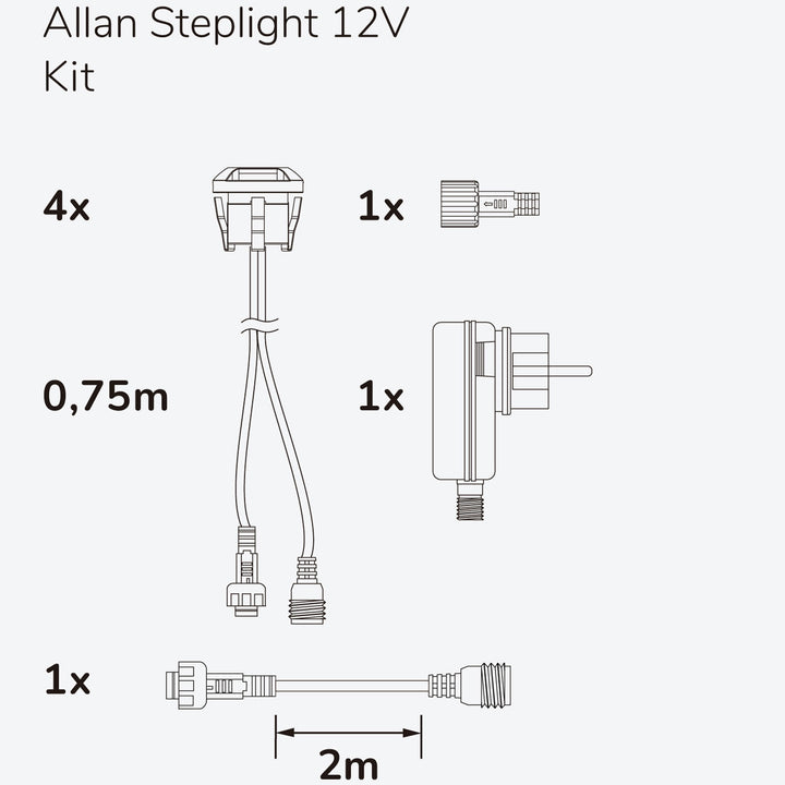 Allan Steplight kit 4-pack inkl strömadapter 12V 3000K 5lm IP67