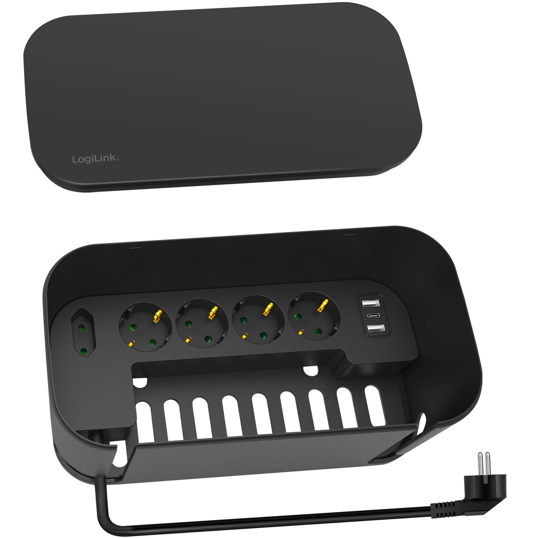 Cable box - Kabelgömma med grenuttag + USB-A/USB-C-laddning Svart