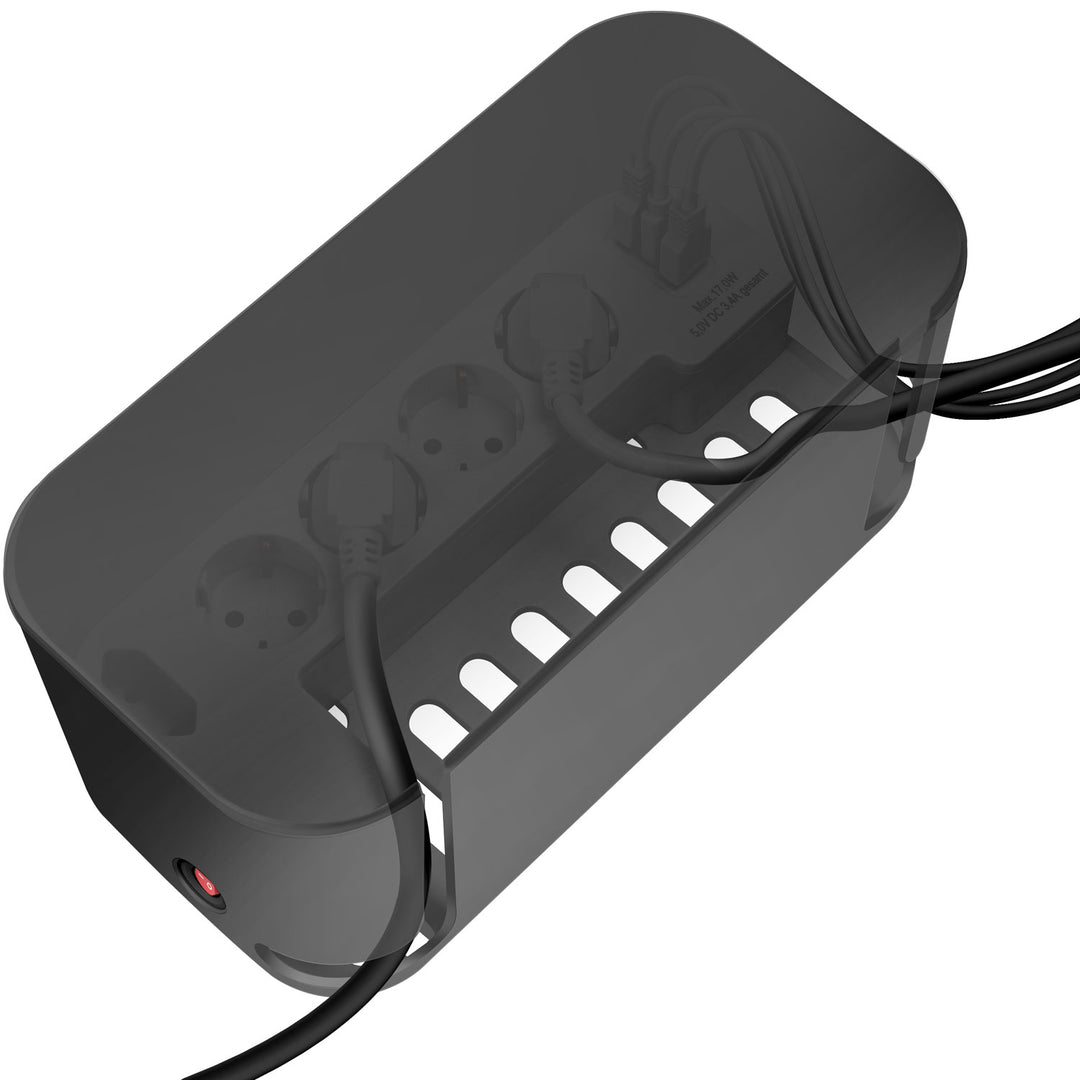 Cable box - Kabelgömma med grenuttag + USB-A/USB-C-laddning Svart