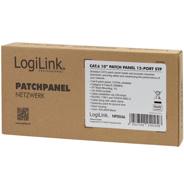 Patchpanel 12-portar Cat6 för 10" rack U1 Svart